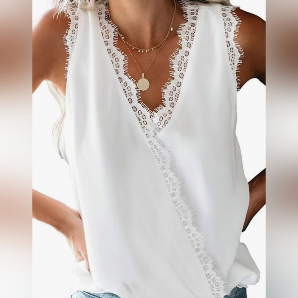 White with light pink lace tunic tank top